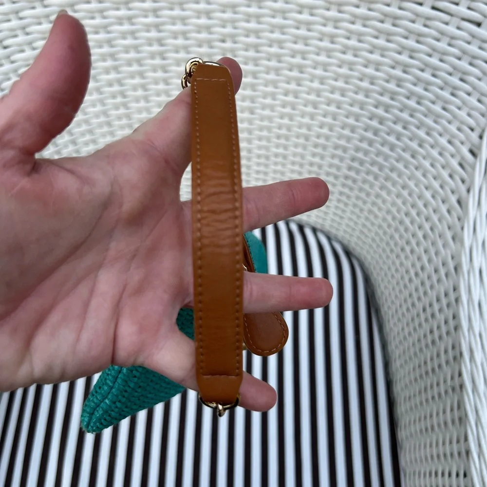 Henri Bendel Debutante Asymmetrical Folding Turquoise Raffia Wristlet/Clutch - Picture 4 of 12